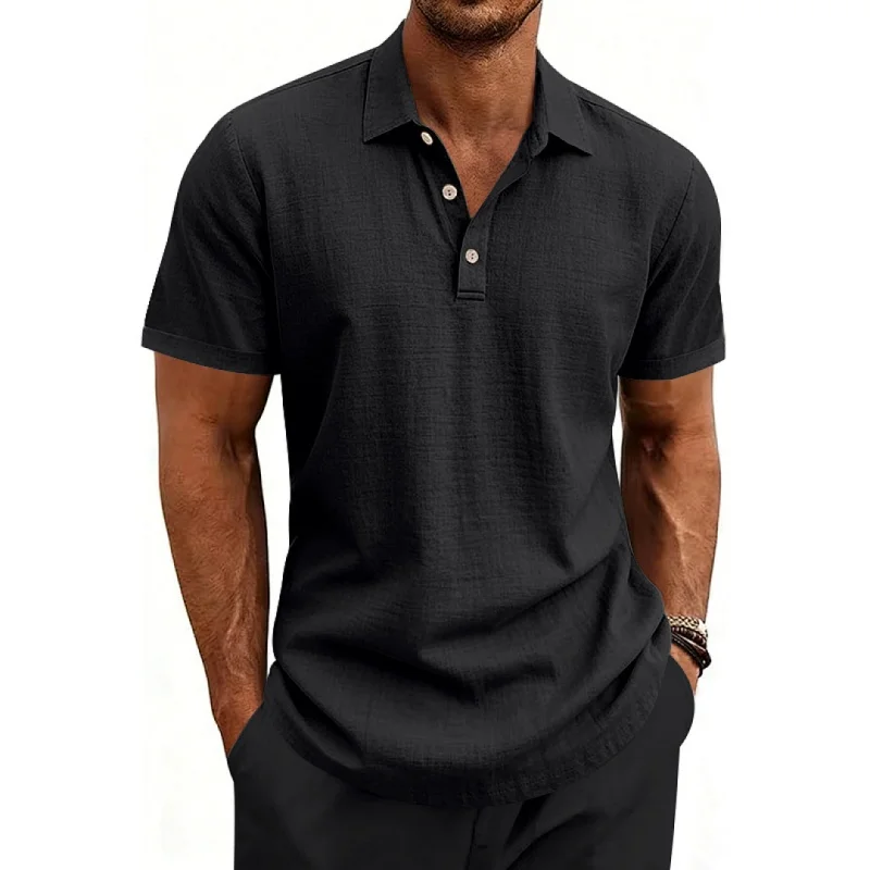 跨境夏季美式宽松透气亚麻休闲轻奢男士度假POLO衫短袖