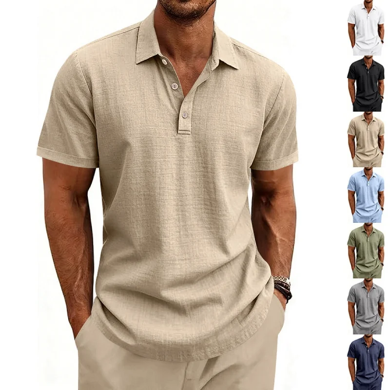 跨境夏季美式宽松透气亚麻休闲轻奢男士度假POLO衫短袖 3