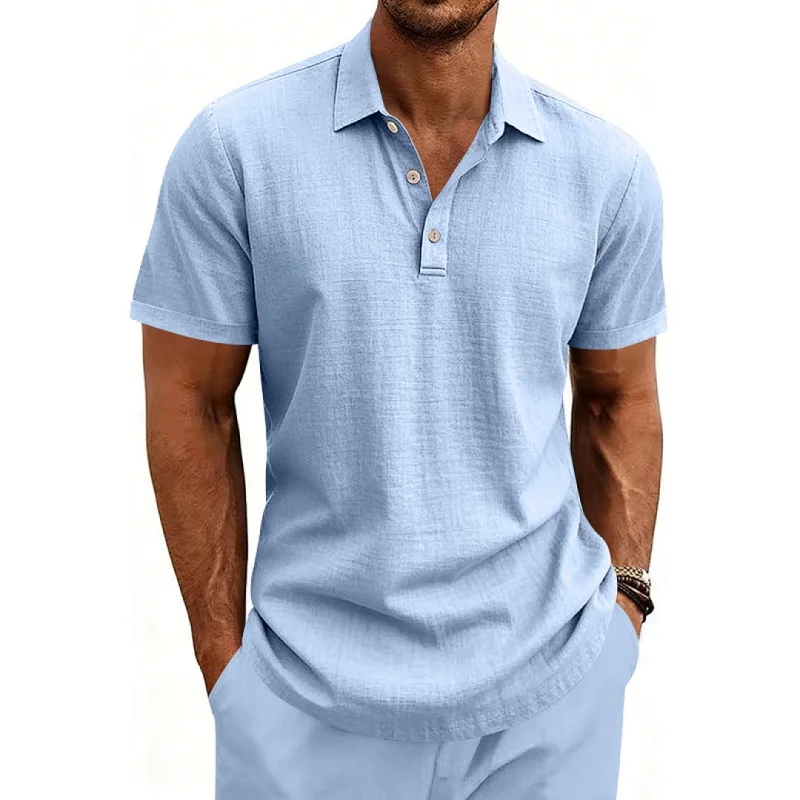 跨境夏季美式宽松透气亚麻休闲轻奢男士度假POLO衫短袖