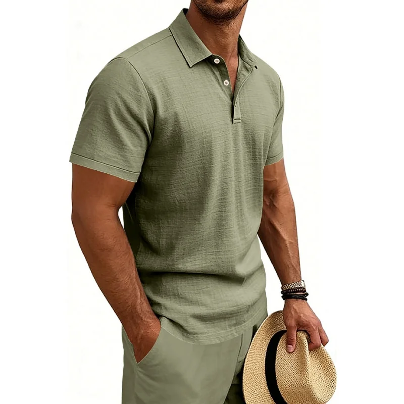 跨境夏季美式宽松透气亚麻休闲轻奢男士度假POLO衫短袖 5