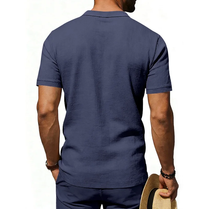 跨境夏季美式宽松透气亚麻休闲轻奢男士度假POLO衫短袖 7