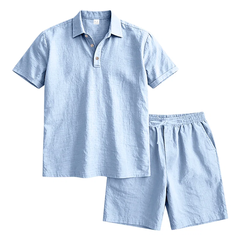 美式夏季亚麻休闲度假男士通勤宽松大码简约POLO沙滩短裤套装 6
