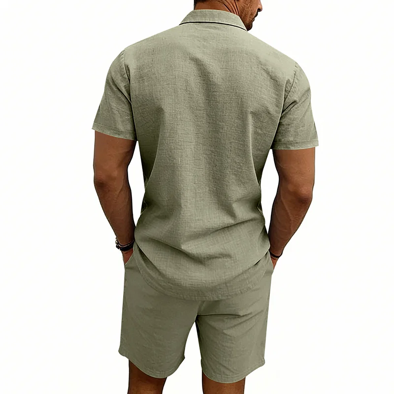 美式夏季亚麻休闲度假男士通勤宽松大码简约POLO沙滩短裤套装 5