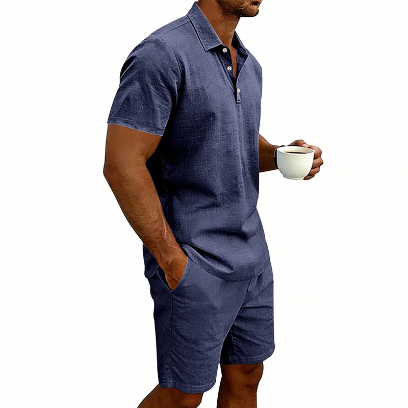 美式夏季亚麻休闲度假男士通勤宽松大码简约POLO沙滩短裤套装 3