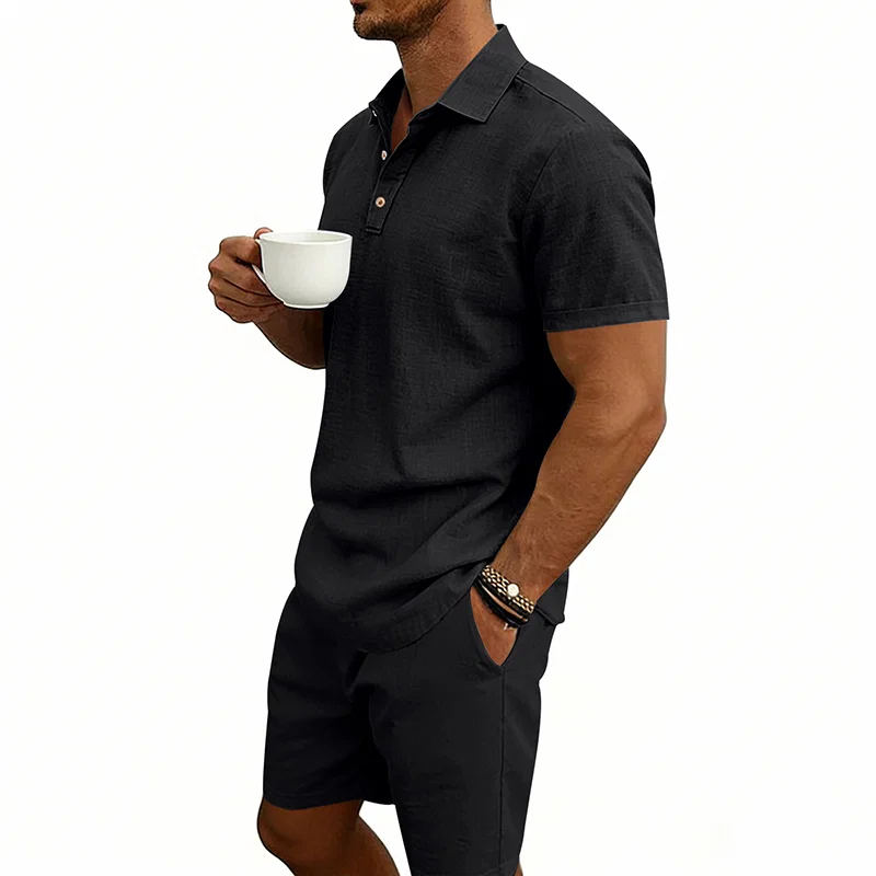 美式夏季亚麻休闲度假男士通勤宽松大码简约POLO沙滩短裤套装 4