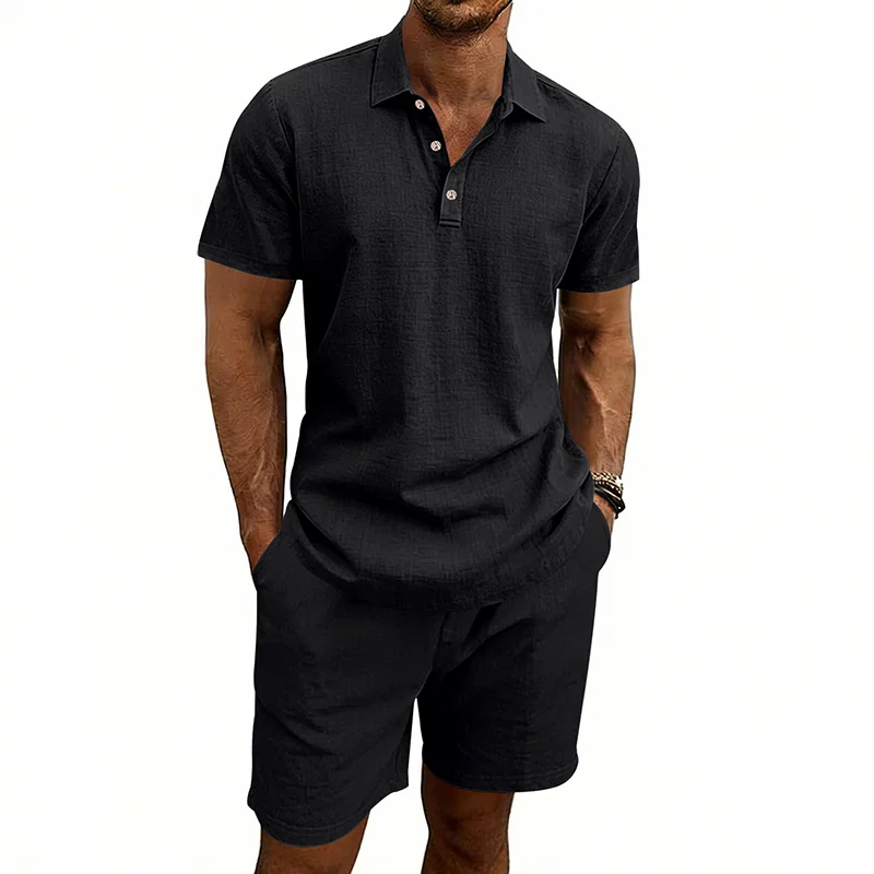 美式夏季亚麻休闲度假男士通勤宽松大码简约POLO沙滩短裤套装