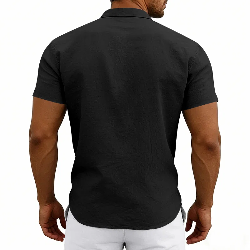 跨境美式夏季亚麻休闲男士夏威夷简约复古立领短袖衬衫 3