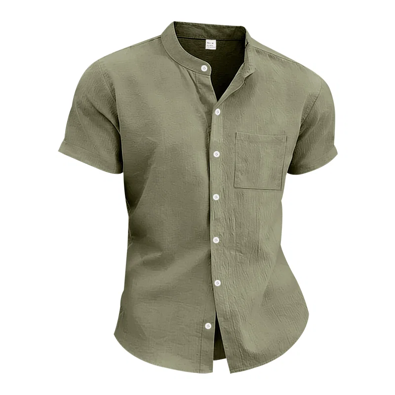 跨境美式夏季亚麻休闲男士夏威夷简约复古立领短袖衬衫 4