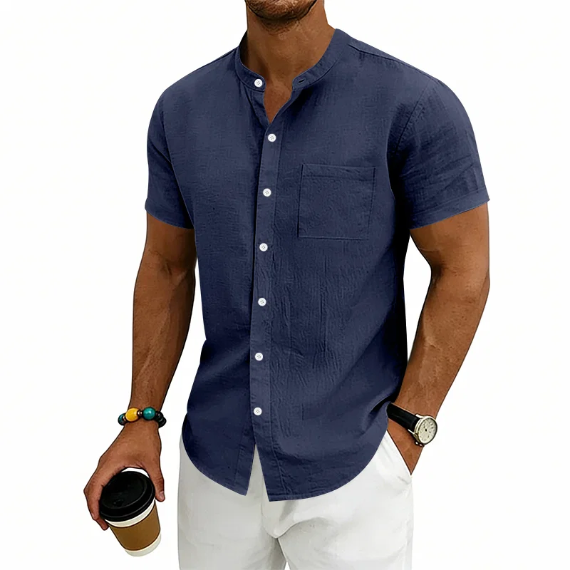 跨境美式夏季亚麻休闲男士夏威夷简约复古立领短袖衬衫 2
