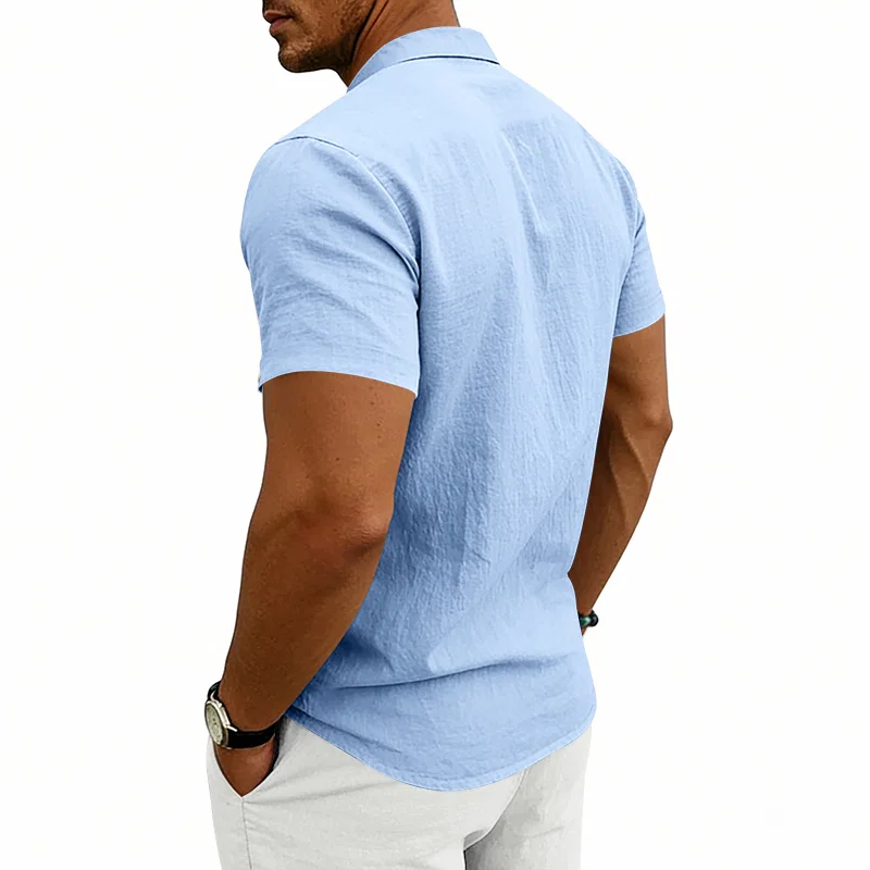 跨境美式夏季亚麻休闲男士夏威夷简约复古立领短袖衬衫 6