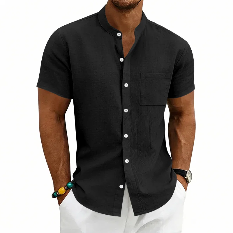 跨境美式夏季亚麻休闲男士夏威夷简约复古立领短袖衬衫