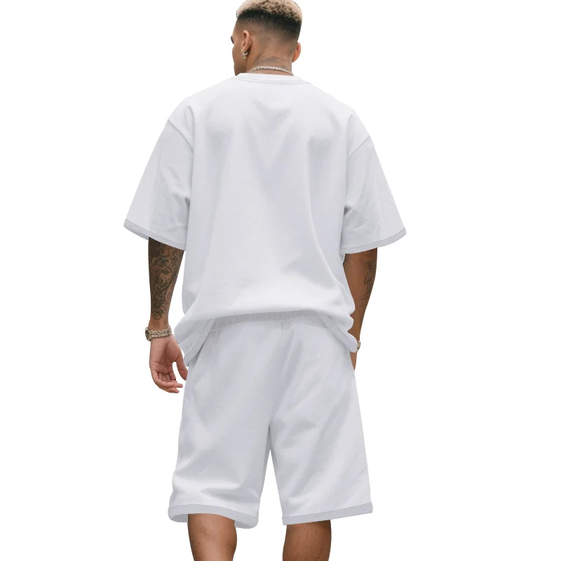 跨境欧美男士夏季美式宽松重磅毛圈高街潮流嘻哈运动短袖短裤套装 2