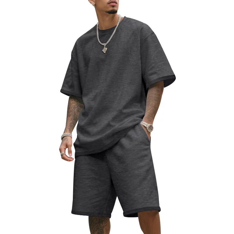 跨境欧美男士夏季美式宽松重磅毛圈高街潮流嘻哈运动短袖短裤套装