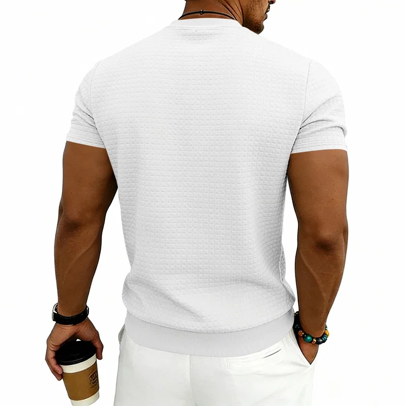 跨境美式夏季型男运动老钱风简约休闲圆领肌理纹短袖 2