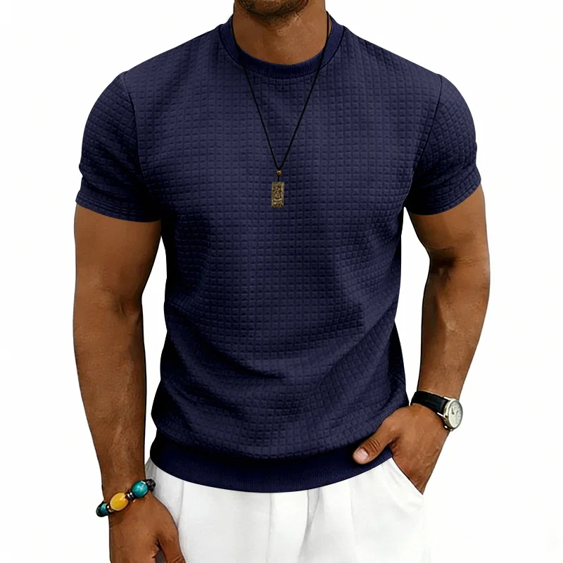 跨境美式夏季型男运动老钱风简约休闲圆领肌理纹短袖 3