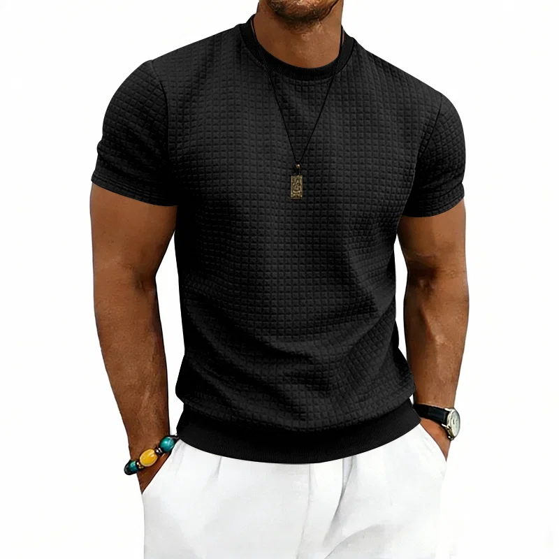 跨境美式夏季型男运动老钱风简约休闲圆领肌理纹短袖