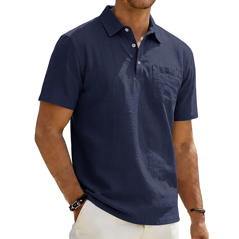 跨境美式夏季男士宽松亚麻商务休闲透气通勤简约POLO短袖 3