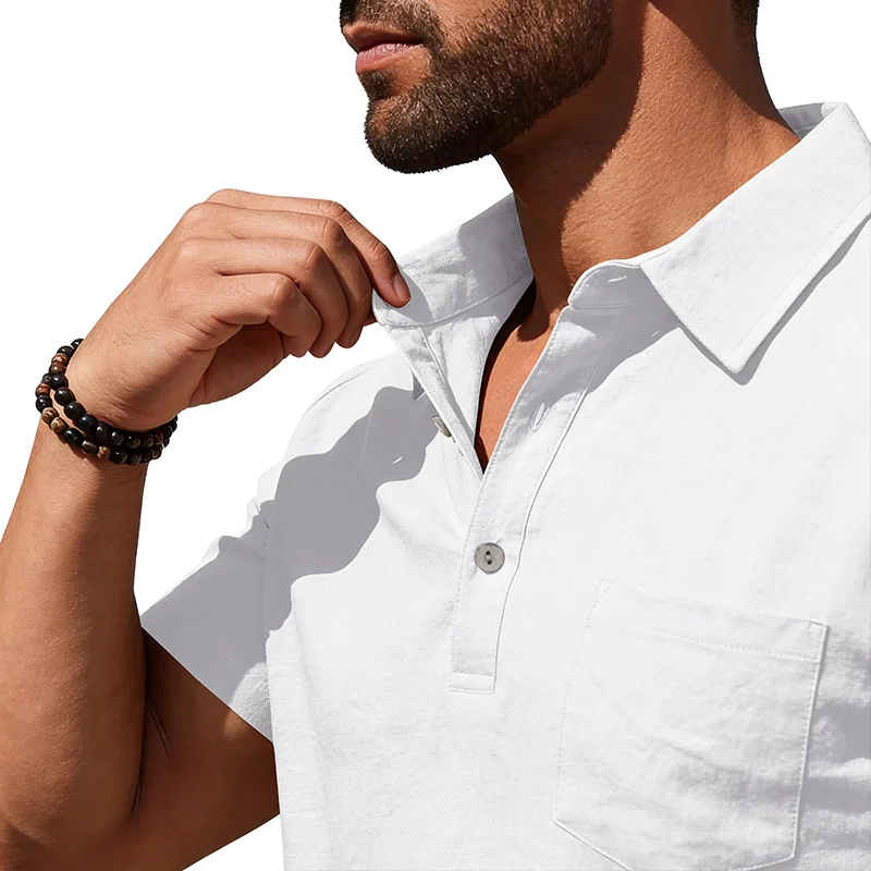 跨境美式夏季男士宽松亚麻商务休闲透气通勤简约POLO短袖 2