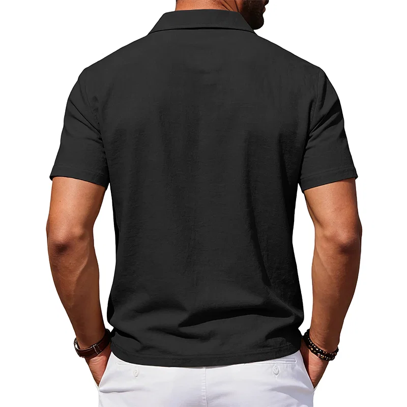 跨境美式夏季男士宽松亚麻商务休闲透气通勤简约POLO短袖 5