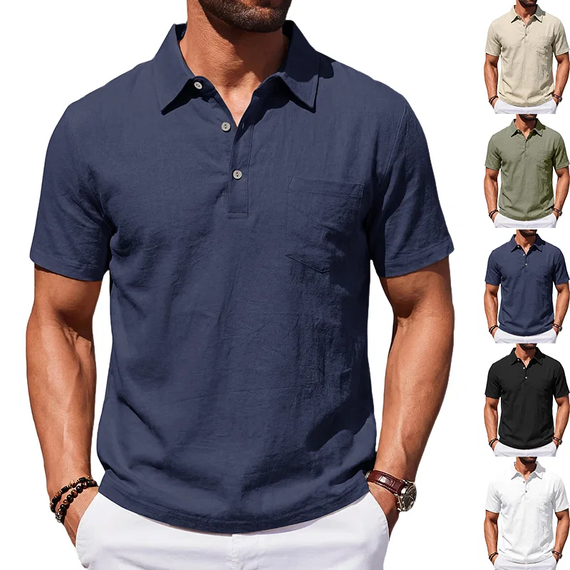 跨境美式夏季男士宽松亚麻商务休闲透气通勤简约POLO短袖 7