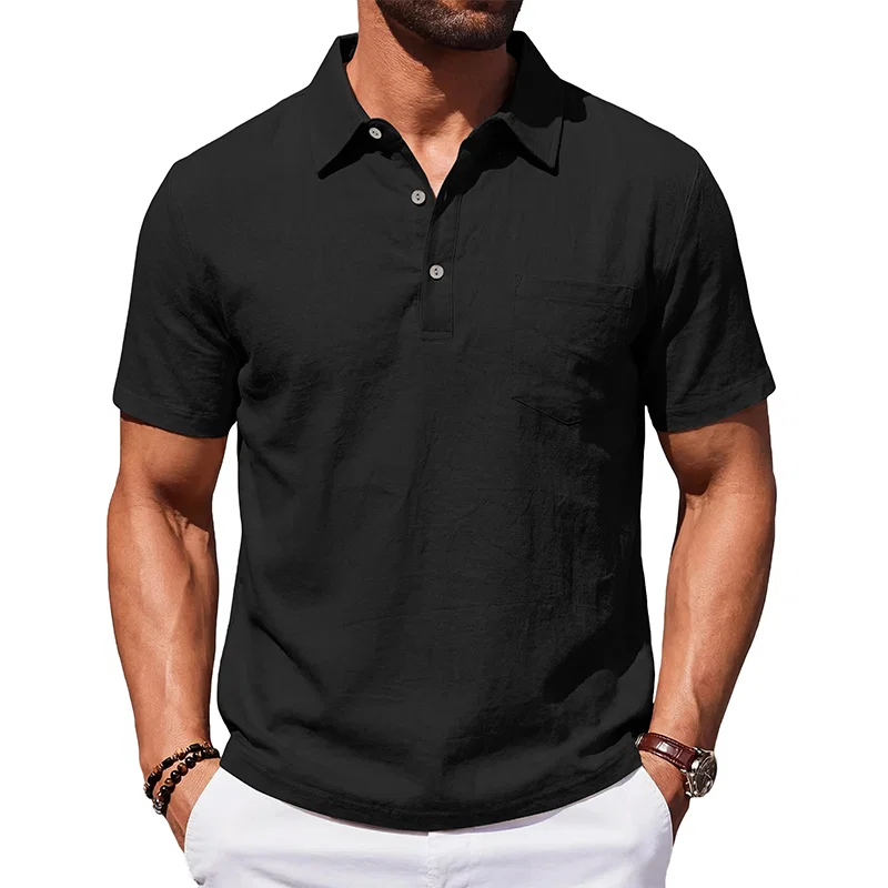 跨境美式夏季男士宽松亚麻商务休闲透气通勤简约POLO短袖