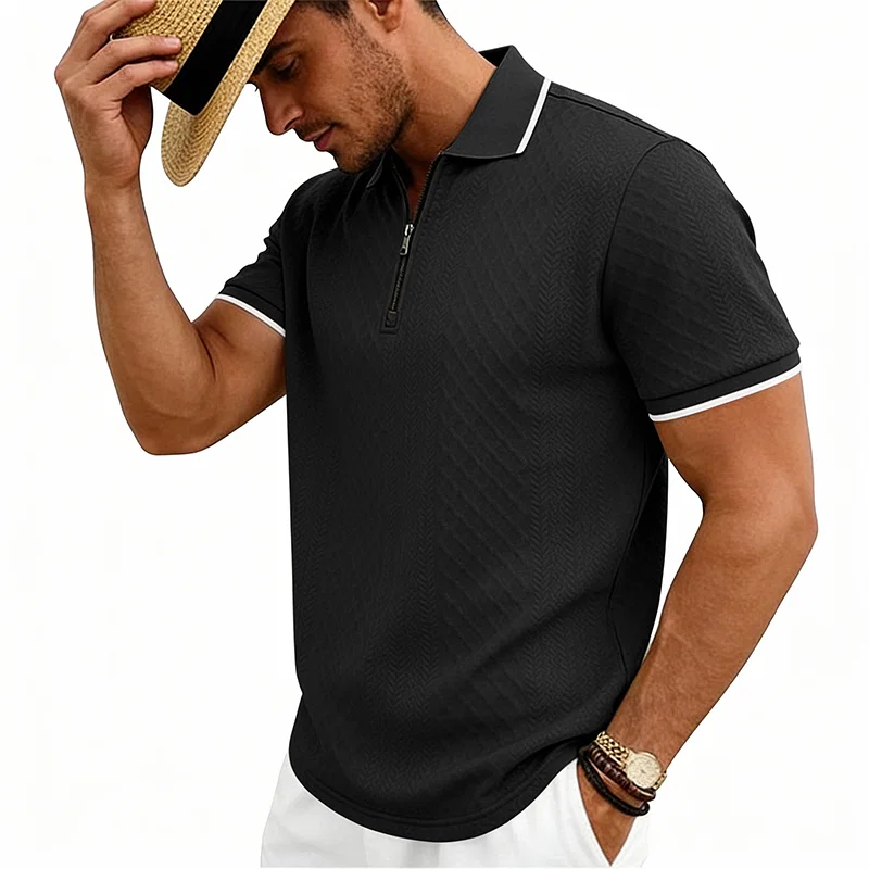 跨境美式重磅夏季男士简约复古宽松肌理纹拉链短袖POLO衫 2