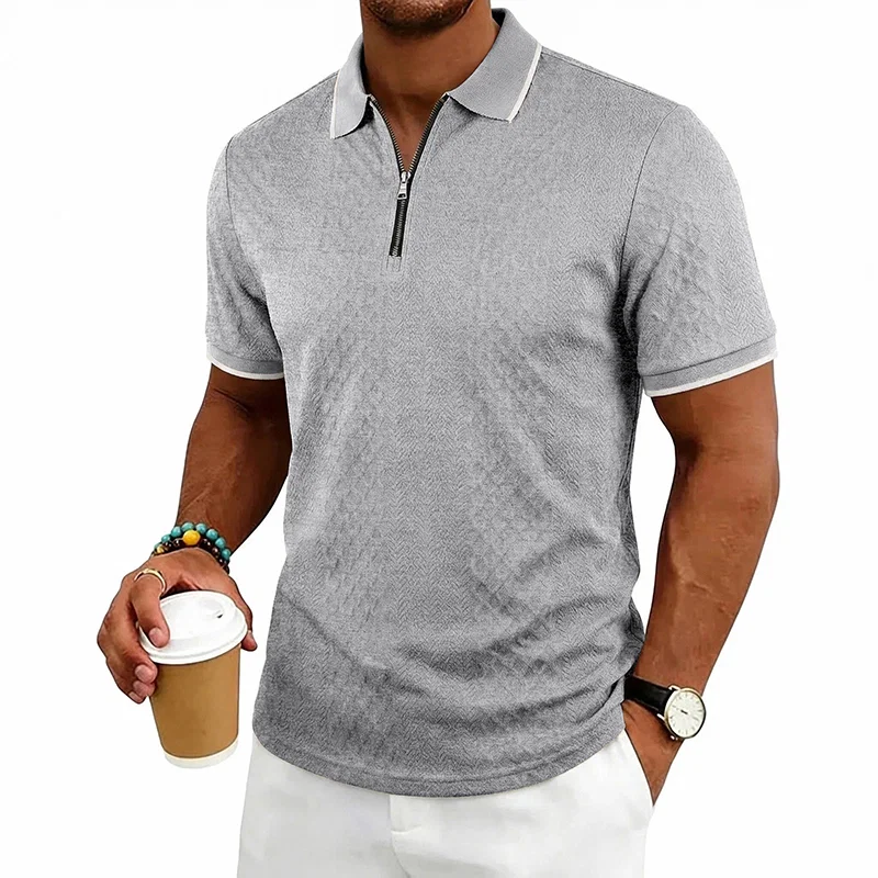 跨境美式重磅夏季男士简约复古宽松肌理纹拉链短袖POLO衫 6