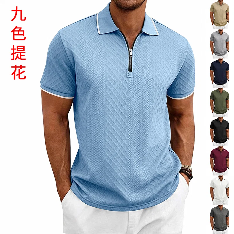 跨境美式重磅夏季男士简约复古宽松肌理纹拉链短袖POLO衫 3