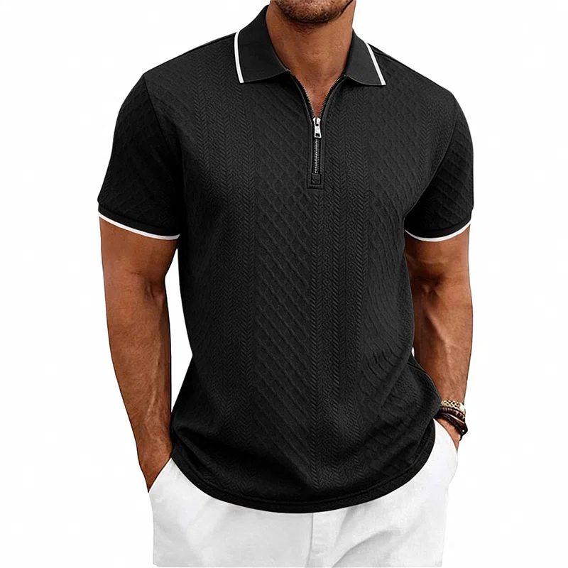 跨境美式重磅夏季男士简约复古宽松肌理纹拉链短袖POLO衫